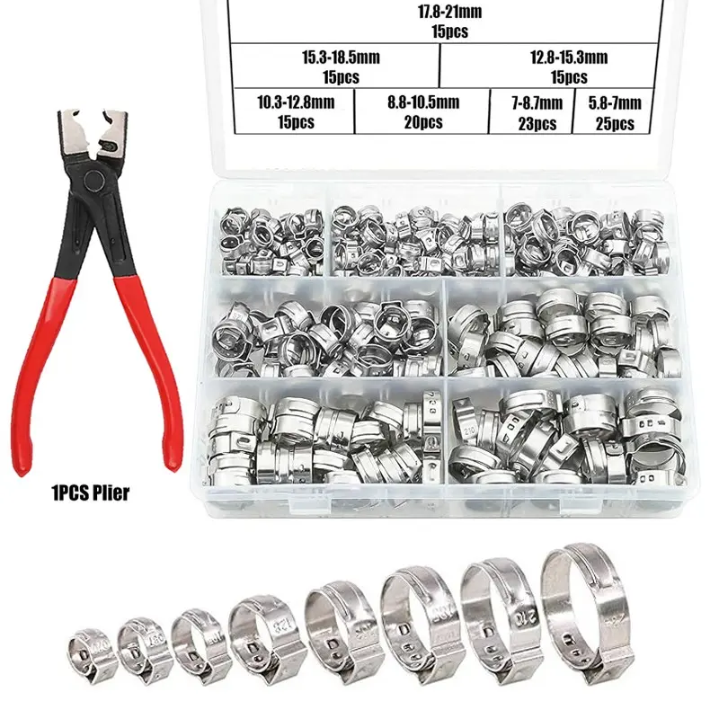128pcs Soft Tube Clamps + 1pcs Clamp Pliers, Elastic Hose Clips, 7 Sizes 5.8-21mm, for Home Plumbing, Car, Machinery, Electrical Maintenance