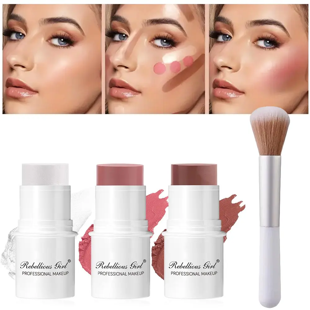Rebellious Girl Facial Makeup Set, Contour Stick x1, Blush Stick x1, Highlighter Stick x1， Brush x1, Create a Flawless Look, Waterproof Long-Lasting Contour Makeup Sticks, Ideal Gift for Halloween and Christmas, Beginner-Friendly