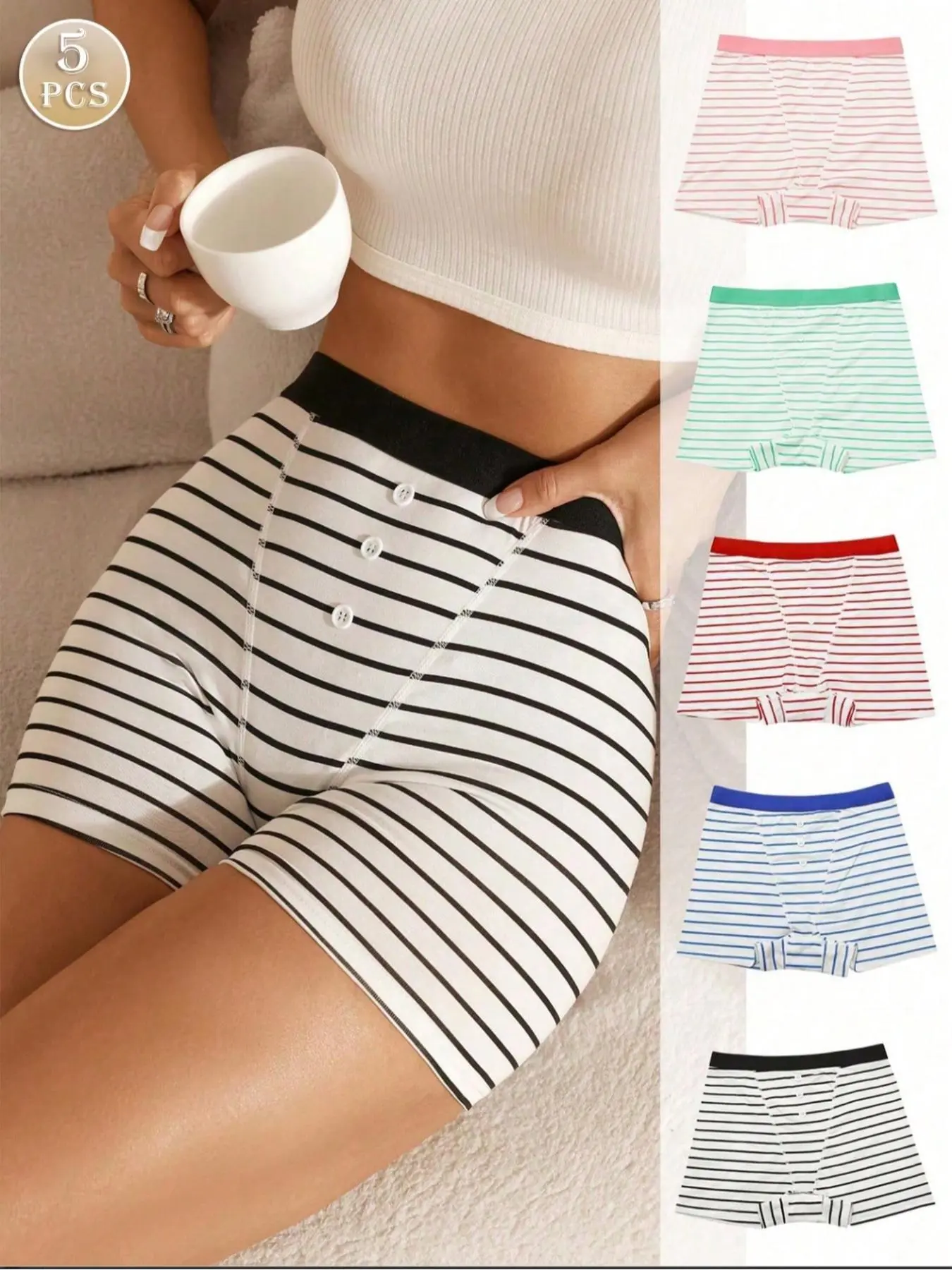 Women's Striped Print Boyshorts Panties, Comfortable Breathable Fabric, Plain Waistband, Casual Style, All Seasons, Fitted, Unlined