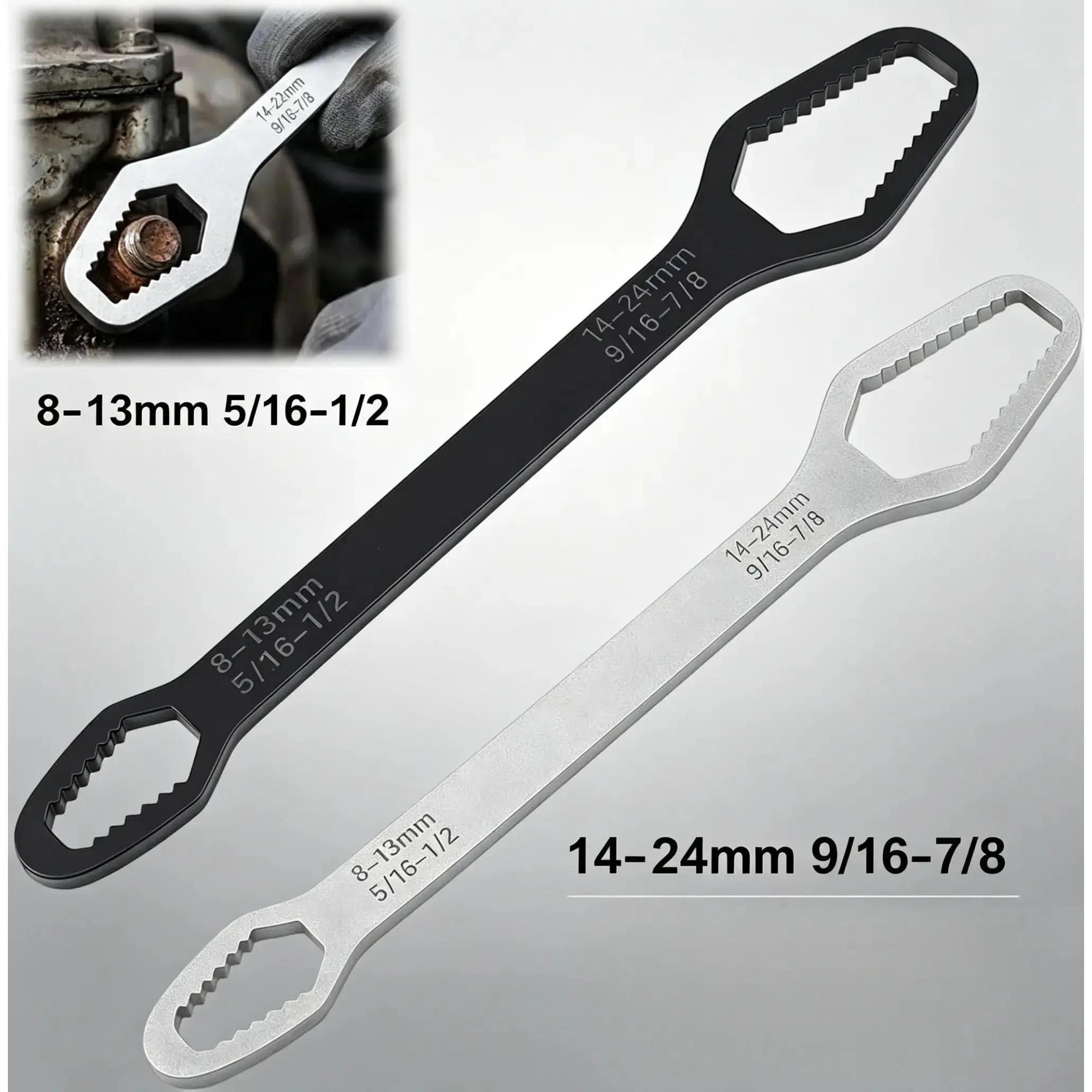 Universal Wrench Double Head Self Tightening Wrench, 8mm 24mm Self Tightening Universal Wrench Repair Tools, Adjustable Wrench Board Double Head Wrench for Various Situational Maintenance (Silver and Black)