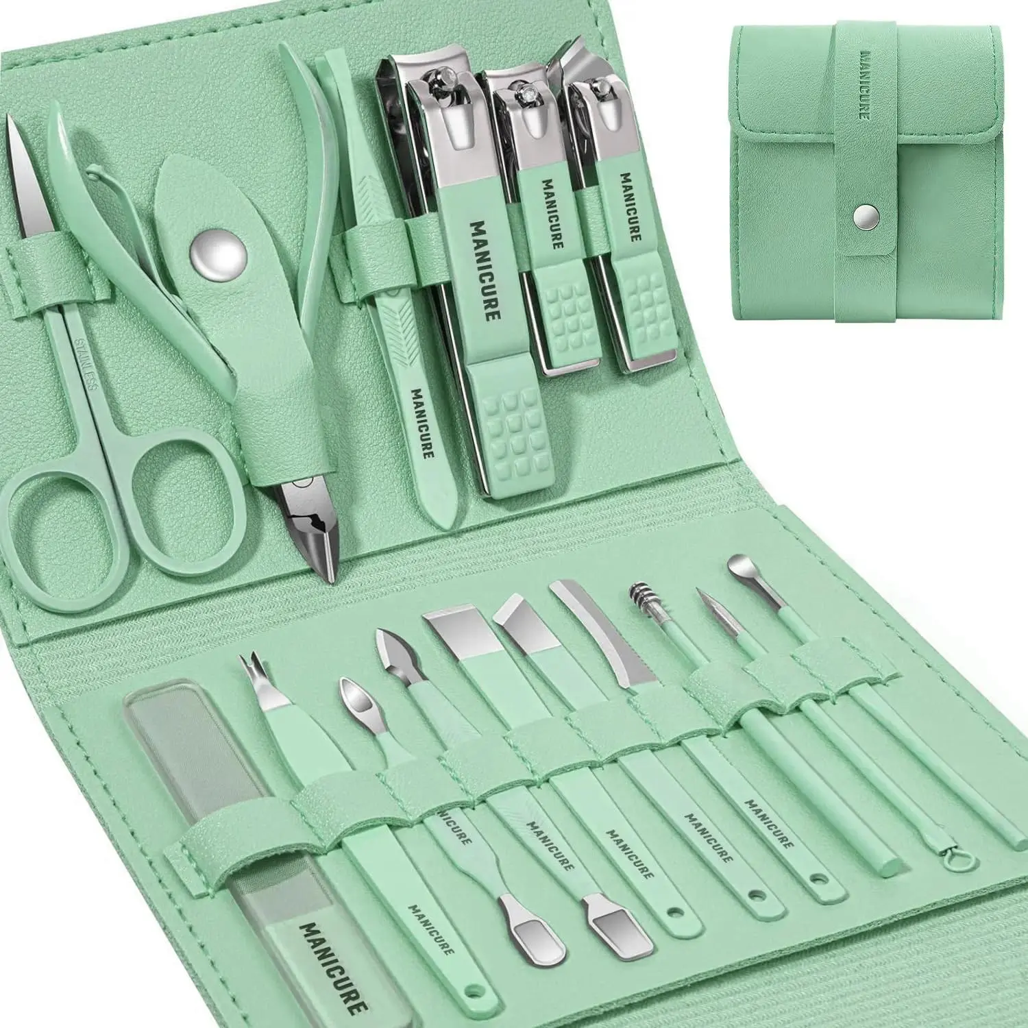 Unisex 16-Piece Stainless Steel Nail Supplies Compact Set - Professional Manicure & Pedicure Tools with Green Nippers, Cuticle Pushers, Stored in Portable Luxurious Travel Case