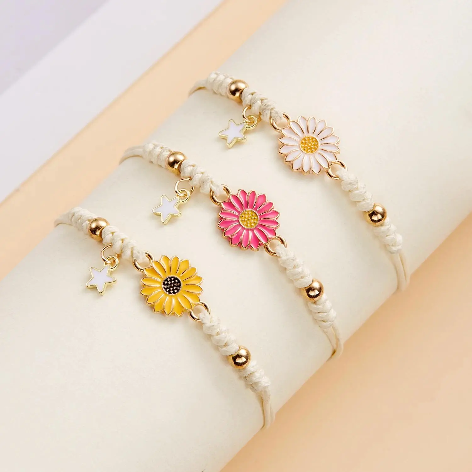 Women's Handmade Braided Sunflower Bracelets - Daisy Shapes, Adjustable Size, Metal Coating, Female Wear, Friendship Good Luck Costume Jewelry, Engagement Gifts