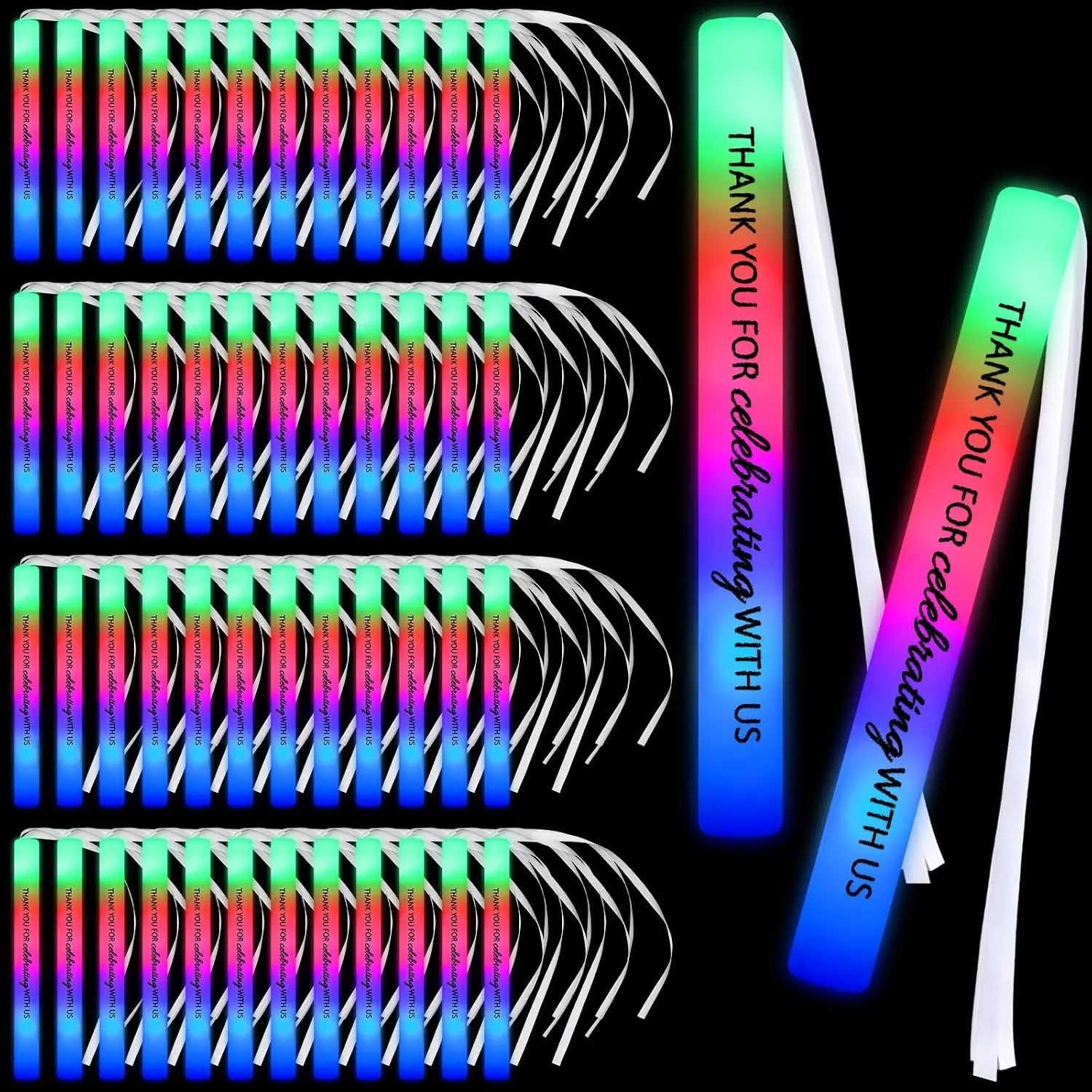 50 Pack Wedding Glow Sticks for Reception LED  Light up Sticks with Ribbon Light Stick Bulk with 3 Modes Colorful Flashing for Wedding Send off Party Favors, Dance Floor, Birthday