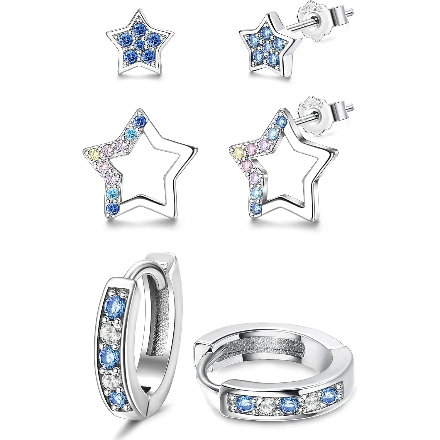 3 Pairs Cute Star & Hoop Earrings Set, 925 Sterling Silver Hypoallergenic CZ Earrings for Teens, Perfect for Multiple Piercings
