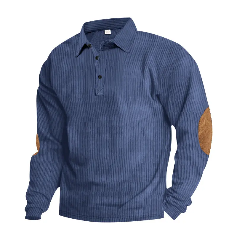 Men's Vintage Corduroy Long Sleeve Polo Shirt - Menswear, Relaxed Fit, Plain, Button Front, Polyester, Patch Detail, Outdoor Casual Base Top for Spring, Fall