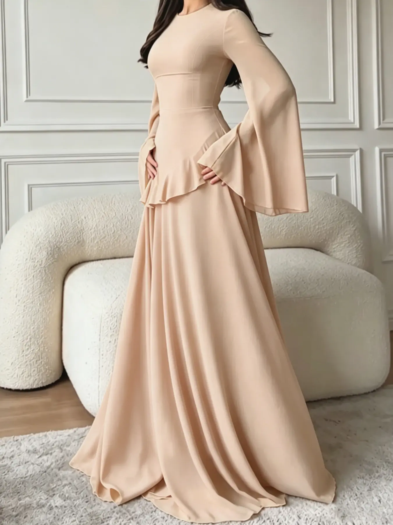 French Vintage Bell Sleeve Long Sleeve Waist-Cinch Ruffle Trim Formal Dress for Evening Parties and Weddings