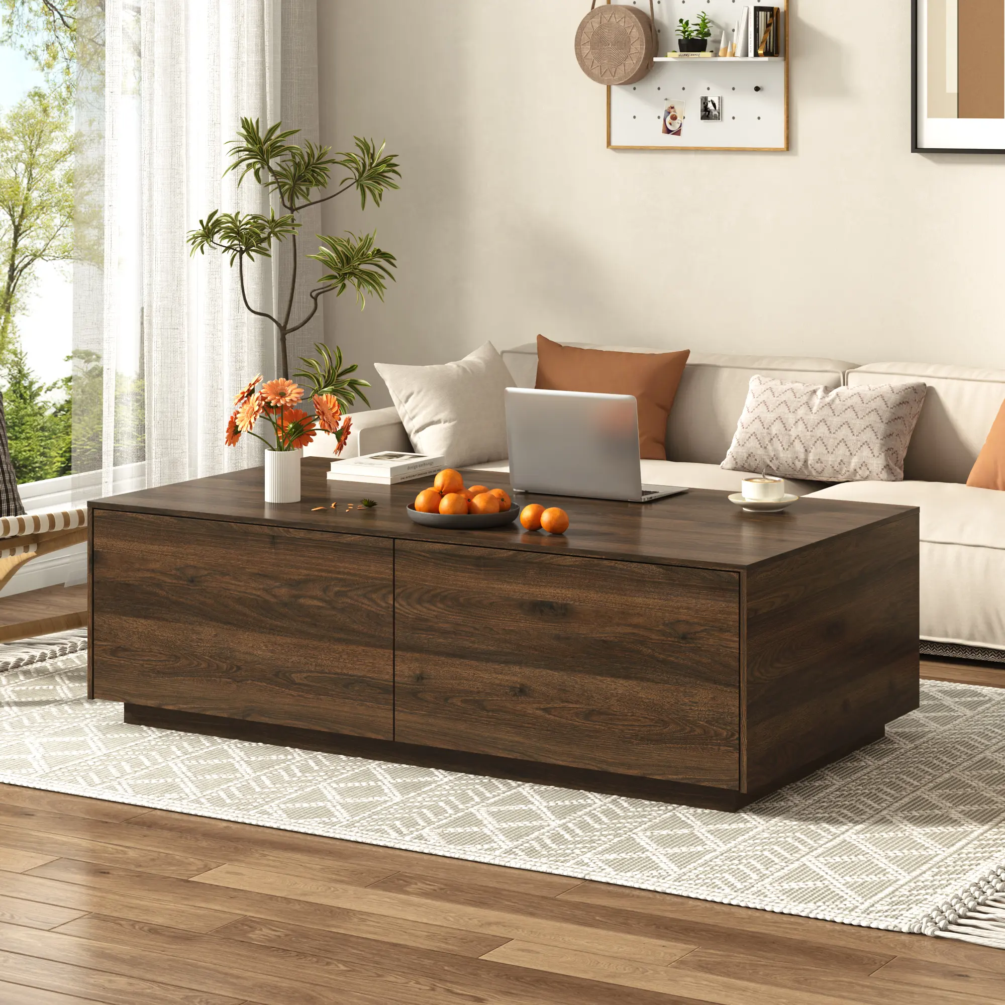 Modern Wooden Coffee Table with Hidden Storage Drawers, Large Square Center Table for Living Room, Minimalist Home Furniture