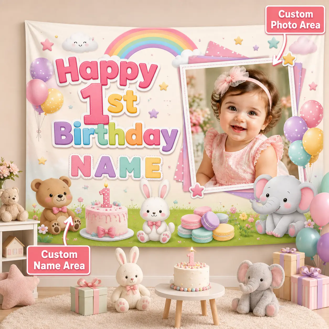 Customizable Pastel Rainbow 1st Birthday Backdrop - Personalized Name, Cute Animals, Baby Party Banner, Festive Home & Party Supplies for Babies