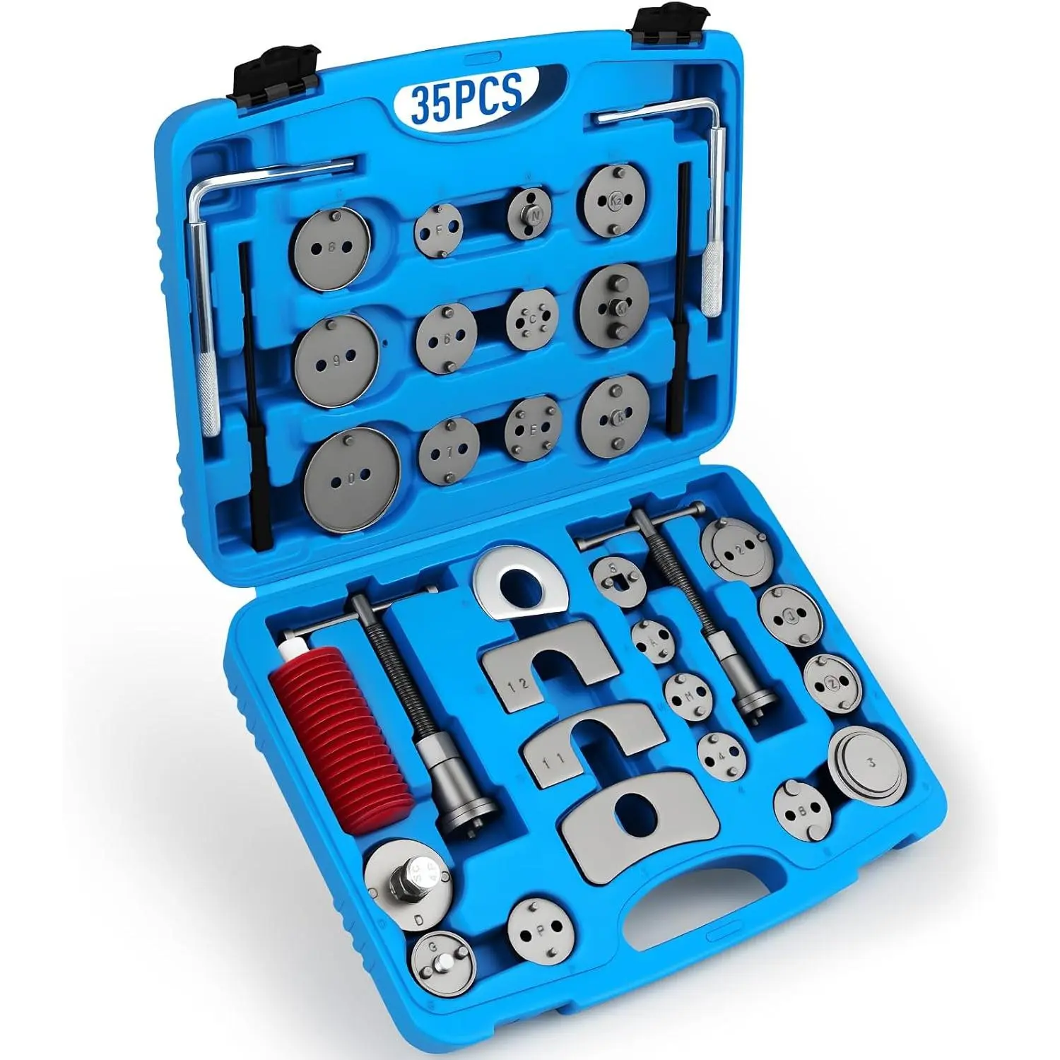35PCS Disc Brake Caliper Tool Kit, 24 Adapters Brake Piston Compressor & Wind Back Tool Set for Brake Pad Replacement, Heavy Duty Caliper Compression Tool Fits Most Vehicles