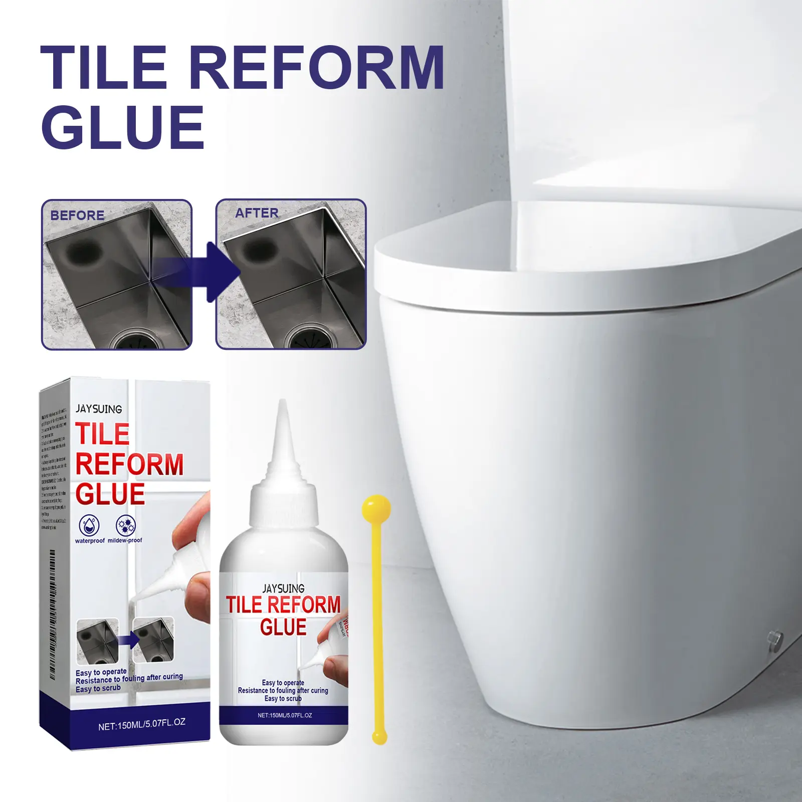 JAYSUING 150ml (5.07 fl oz) Vinyl Acetate Tile Reform Glue - 1 Bottle, Waterproof Mildew-Proof Grout Sealer Paste for Maintenance, White Crack Filler Stain Shield with Yellow Grout Sealing Ball Stick for Kitchen Sink, Shower