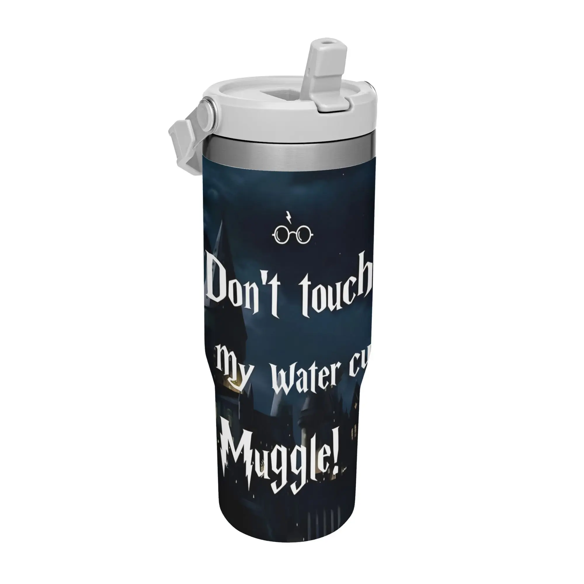 【Back to School】Warner Bros. Harry Potter Hogwarts Muggle Quote Flip Straw Tumbler 30oz Stainless Steel Vacuum Mug, Leakproof Travel Water Cup, Dark Castle Night Print, Wizard Fan Gift