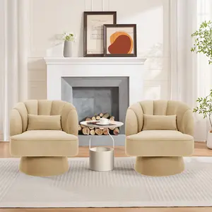 360° Swivel Barrel Accent Chair, Modern Striped Back Upholstered Lounge Armchair with Soft Cushion & Throw Pillow, Single Cozy Vanity Chair for Living Room Bedroom-Khaki