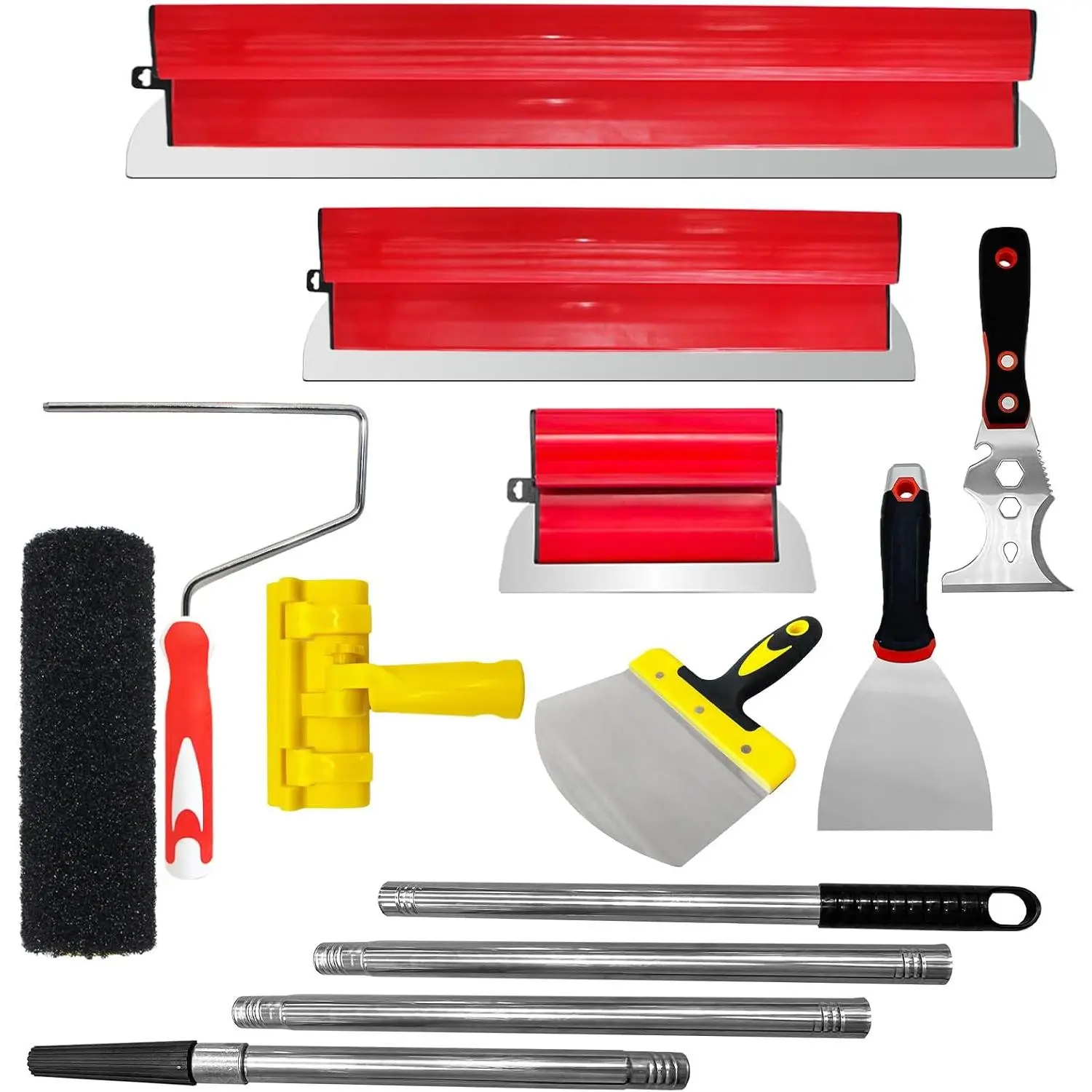 Drywall Skimming  Set, 10", 24"& 32" Skimming  with Extension Handle, Drywall Compound Roller, Multi-Use  Scraper & Putty , Finishing Tools for Plasterboard and Wallboard