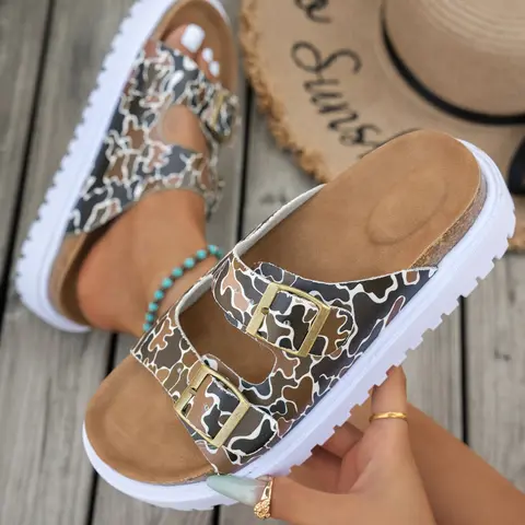 Summer Women's Platform Sandals, Casual Sandals, Breathable Wide-Fit Slip-On, Camo Print, Synthetic Leather Upper, Polyurethane Sole