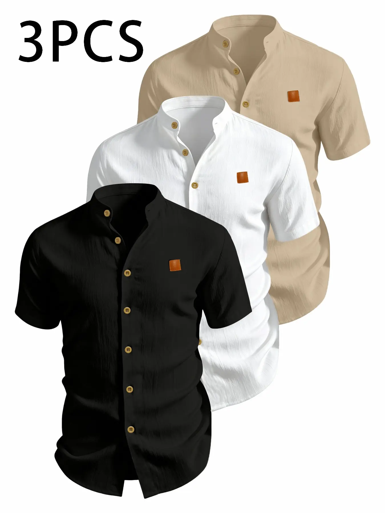 Men's 3 Pcs Plus-Size Summer Breathable Short-Sleeve Button Front Shirts, Lightweight Solid-Color Button-Up Casual Tops with Stand Collar for Beach, Vacation and Outdoor