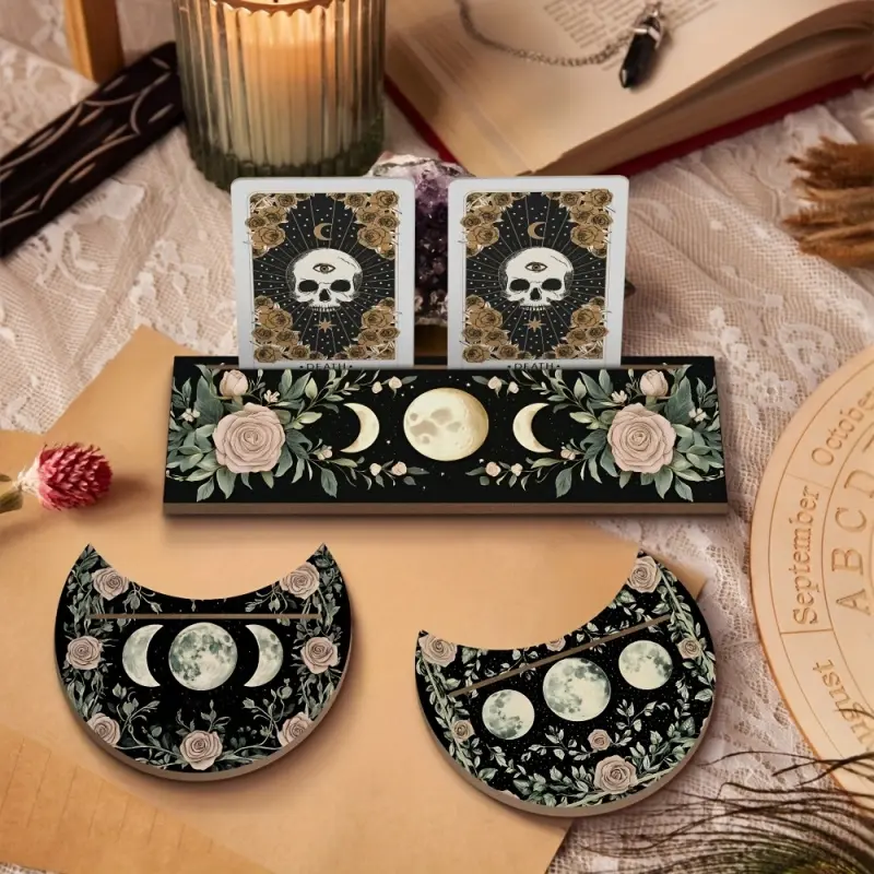 3 wooden tarot card display stands, Gothic Witch-style Mystical tarot card storage racks, suitable for divination oracle cards and crystal altar decorations, wooden tarot card holders designed with moon, Lunar, star and flower patterns
