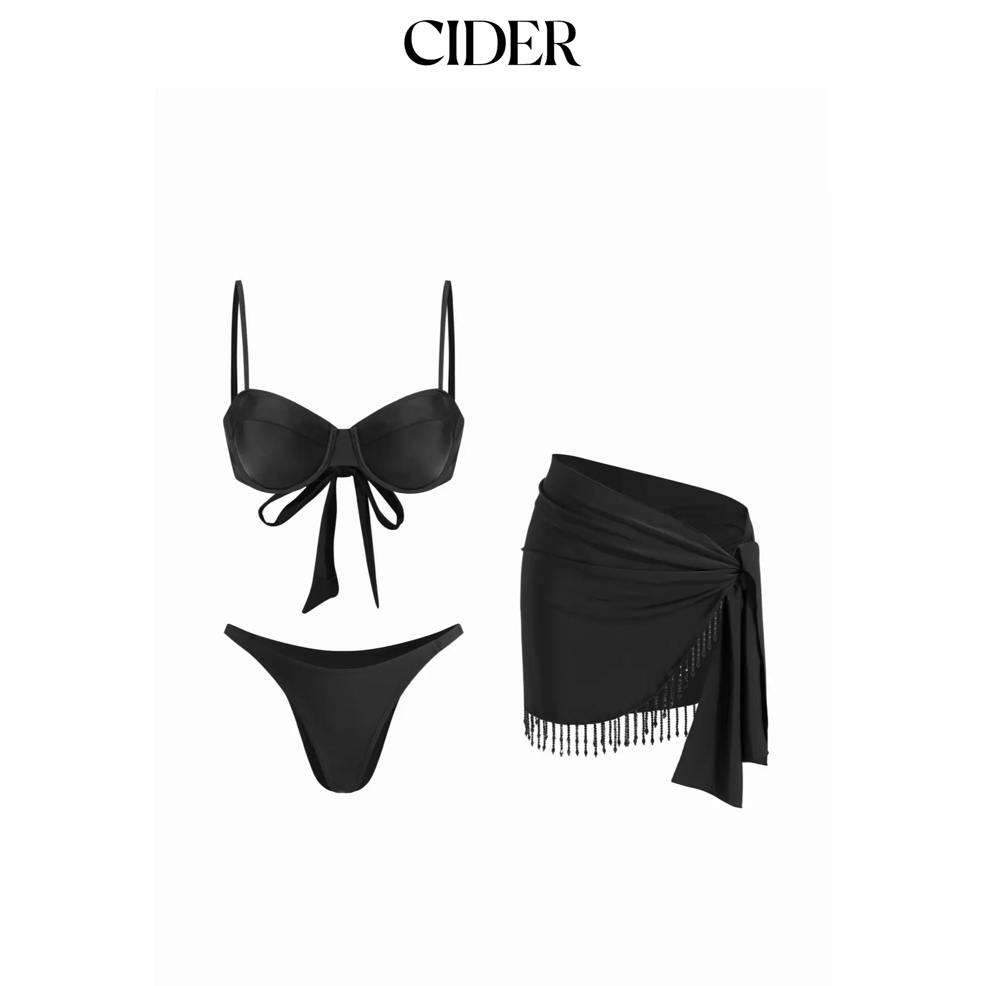 Cider Sweetheart Underwire 3-Piece Bikini Set With Fringe Sarong Cider Sweetheart Underwire 3-Piece Bikini Set With Fringe Sarong