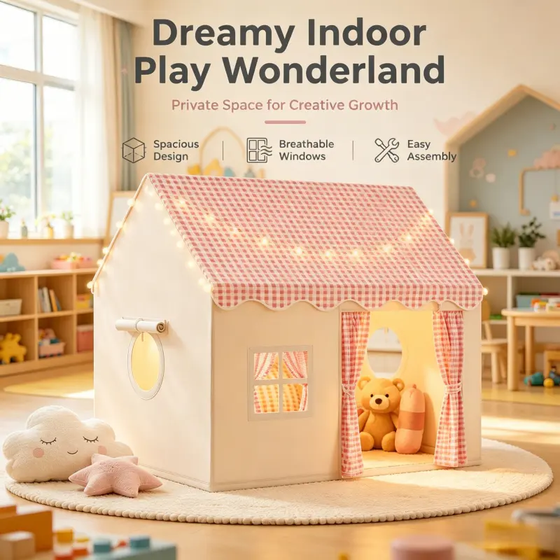 Pink Plaid Roof Indoor Fabric Play House Toddler Play Tent Spacious Breathable Window Design Simple Assembly Private Indoor Leisure Pretend Play Tent