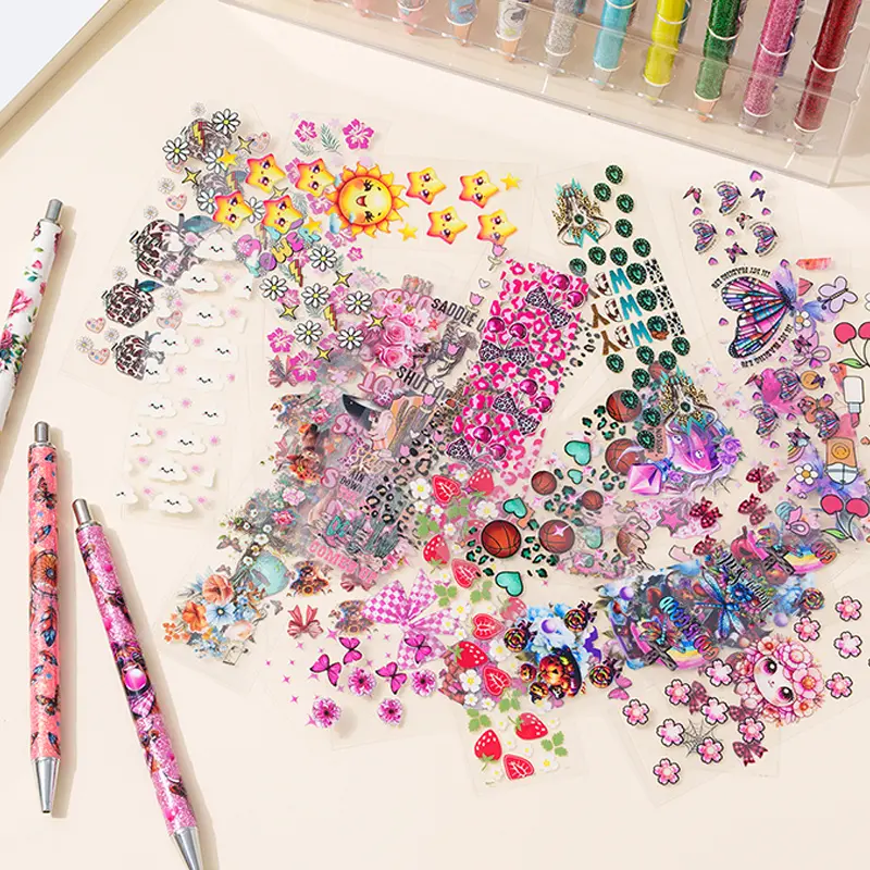 100-Piece UV DTF Mixed Pen Stickers, Assorted Designs for DIY Crafts & Personalized Gifting, Elegant Aesthetic Stickers (Charms & Pendants Accessory), Mix 100Pcs, Pen Wrap Stickers