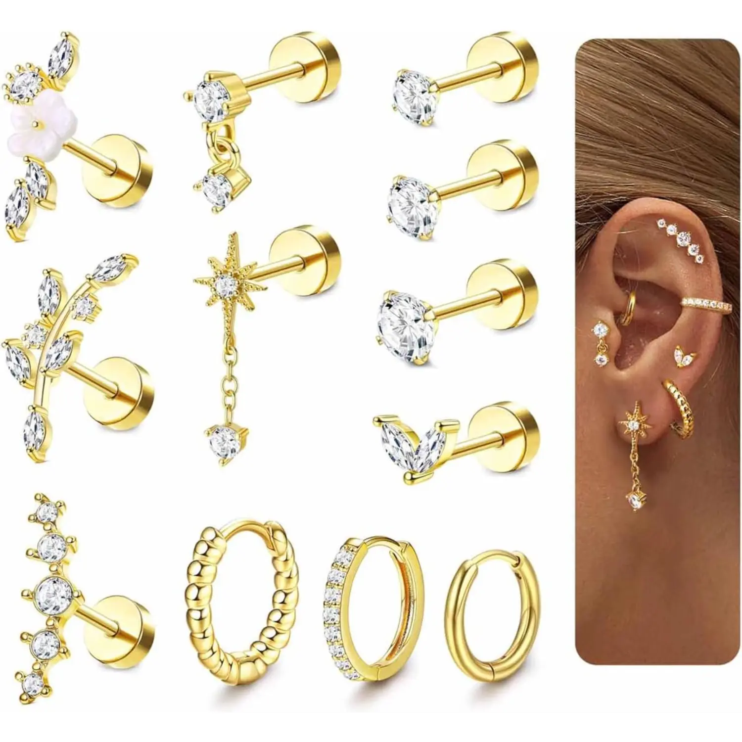 ORAZIO 16 Gauge Cartilage Earrings for Women Flat Back-Hypoallergenic Surgical Stainless Steel Stud Hoop Cartilage Earring Set Daith Conch Tragus Helix Piercing Jewelry Single PC
