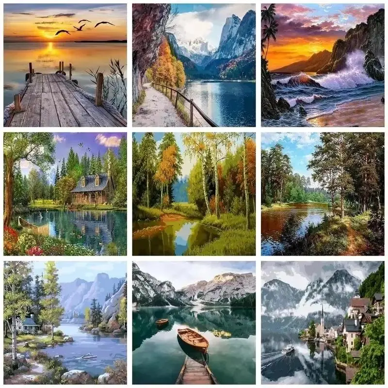 Cozy Cottagecore Paint by Numbers for Adults with Stretched Canvas Frame 16x20" 40x50cm Goblincore Cabin DIY Acrylic Oil Painting Kit Nature Landscape Lake Mountain Sunset Forest Wall Art Pre-framed Paint by Number Kit