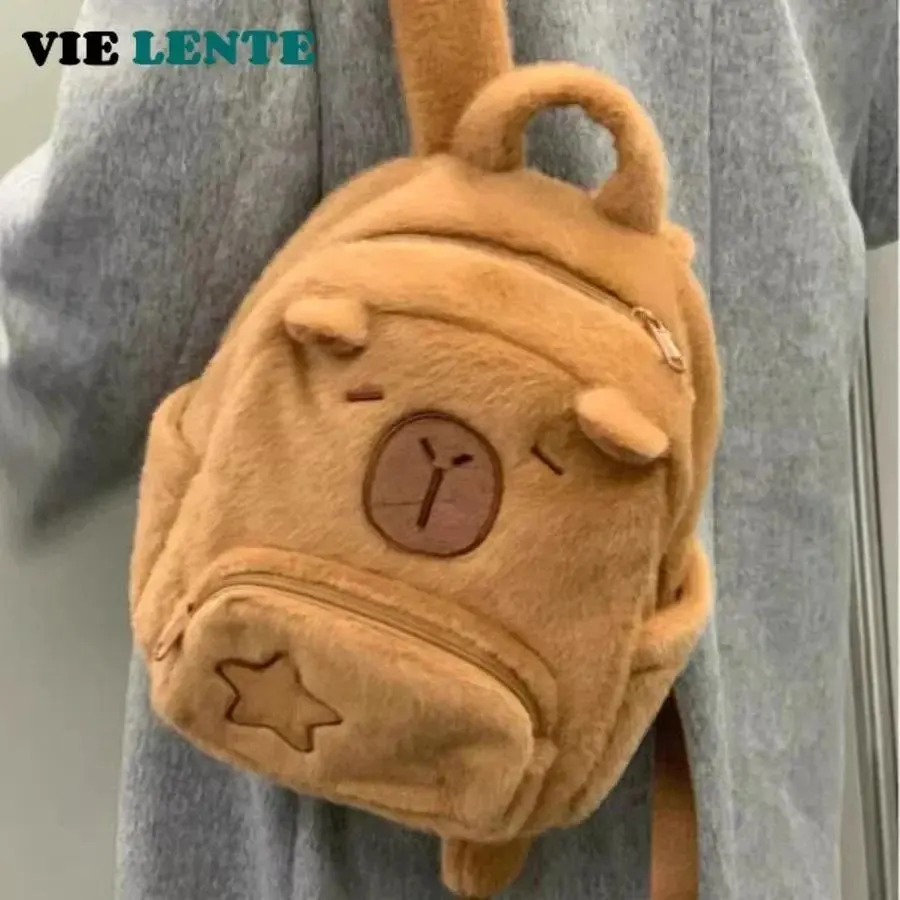 Women's Capybara Face Casual Plush Synthetic Fur Backpack Bag - Waterproof Leak-Proof, Large Capacity, Student School Bag