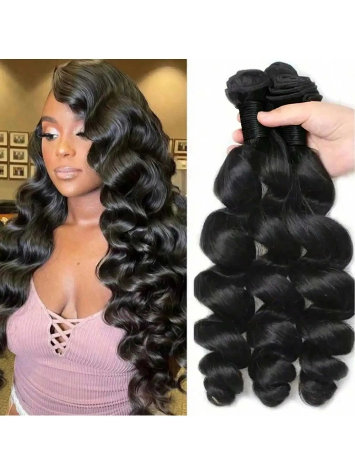 Brazilian Loose Wave Hair Bundles, Free Part Virgin Remy Hair, Curly Human Hair Wig, Double Weft, Natural Color, Dyeable and Bleachable