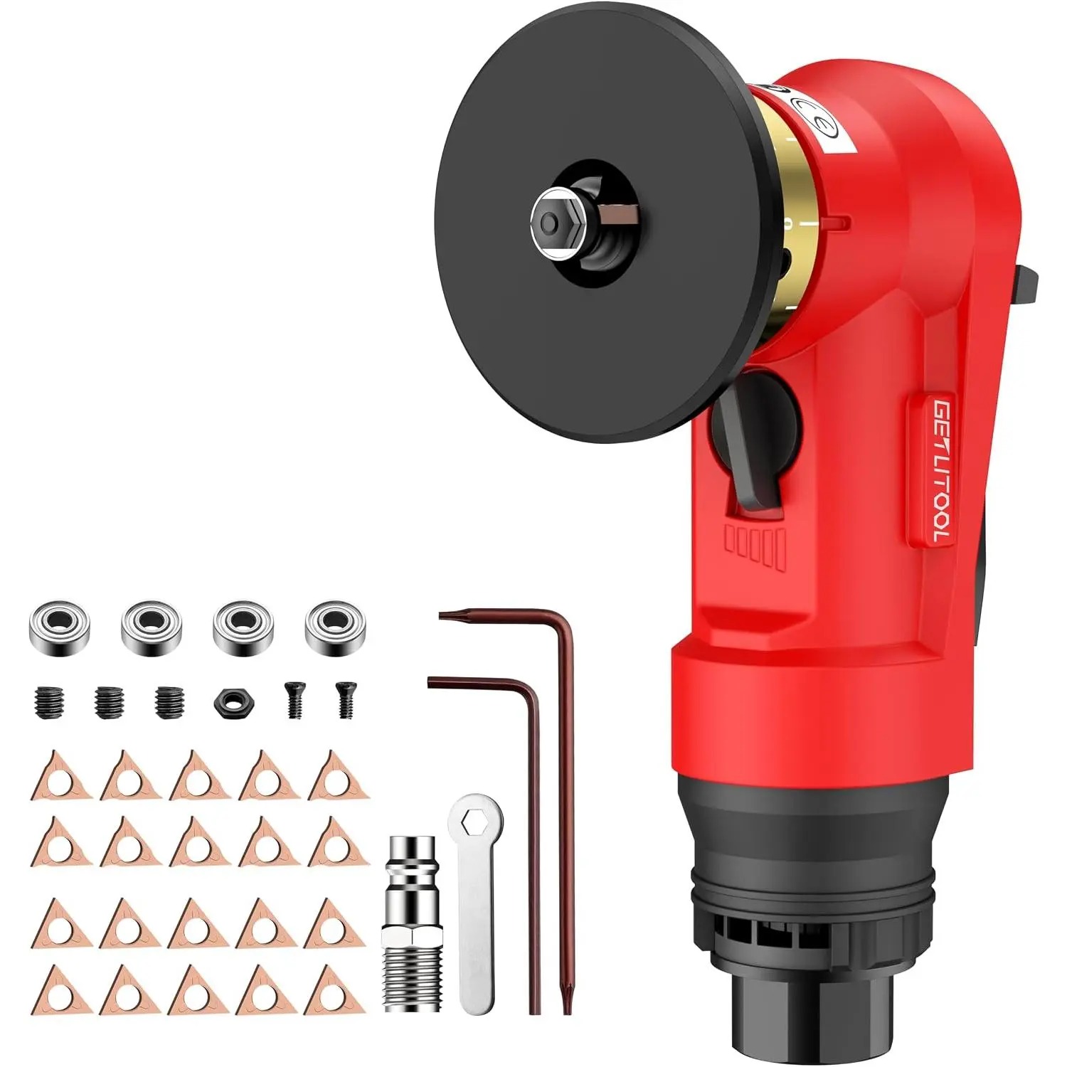 GETLITOOL Pneumatic Chamfering Tool with 30000 RPM, 12C & 10R-Angle Blade, 22 Blades Set, Deburring Edges Function, Multi-Materials Compatibility, Safety Switch