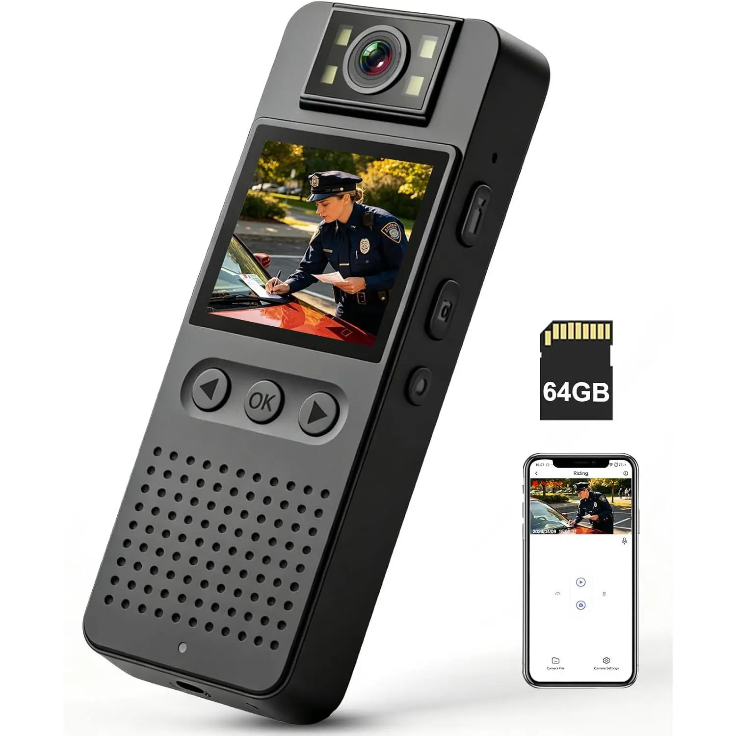 Camera with Audio and Video Recording: 64GB  Cam WiFi Supports, 180? Rotating Lens, 1080P, Night Vision, 7Hr  Bodycam, Wearable Pocket Camera for Work, Travel,  Walking, Outdoor
