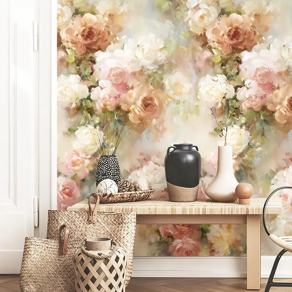 Cream Base Vintage Watercolor Rose Floral Decorative Wallpaper, Accent Wall Peel and Stick, Cottage Style, Mould-Proof, for Bathroom, Bedroom, Living Room