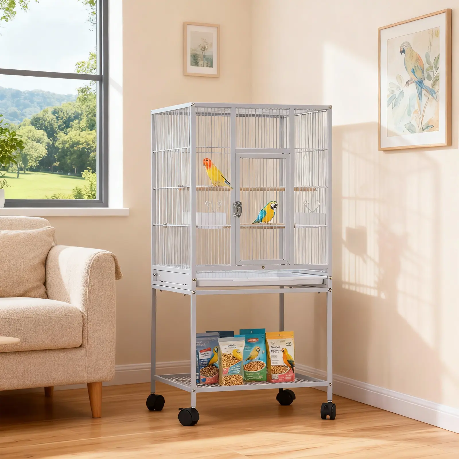 41" White Wrought Iron Bird Cage with Rolling Stand | Open Play Top, 2 Perches & Feed Bowls – Elegant Indoor Aviary for Small Parrots