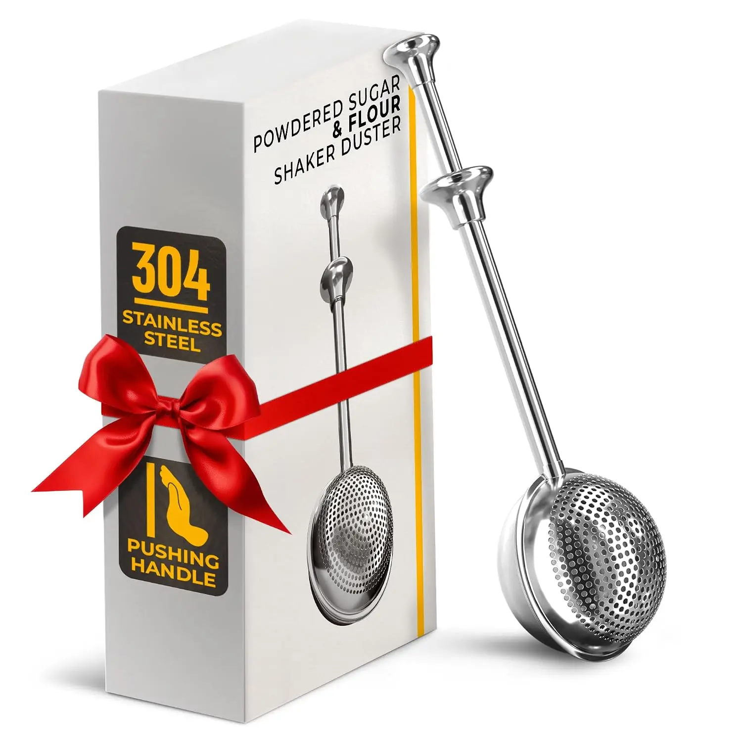 Flour Shaker Duster, 18/8 Stainless Steel, Spring Handle | Flour Duster for Bread Baking; Powdered Sugar Sifter; -Handed ; for Cocoa, Cinnamon, Spices &  Brewing