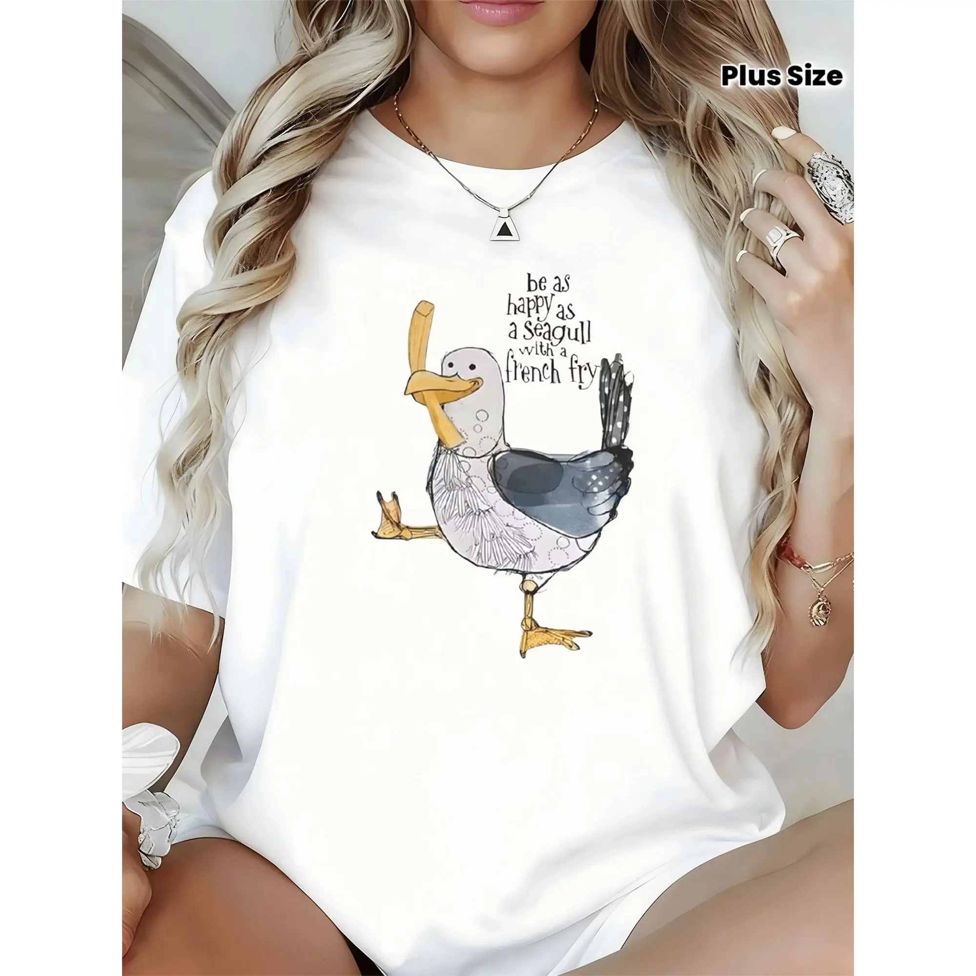 Plus Size, Women's Plus Size Oversized French Fry & Seagull Print T-Shirt - Cute Cartoon Bird & Fries Design with French Text, Comfy Stretch Round Neck Short Sleeve Top for Curvy, All-Season Casual Wear (Pink/Purple) - Machine Washable