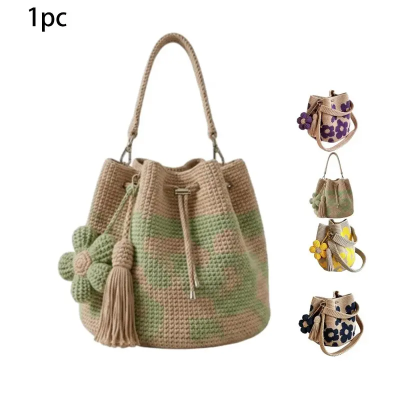 Handmade Crochet Floral Tote Bag, Beige Mesh Knitted Shoulder Bag for Women for Summer Vacations And Travel, with Cute Flowers And Tassel Pendants | Handmade, with Cute Pendants, Large Capacity, Fashionable