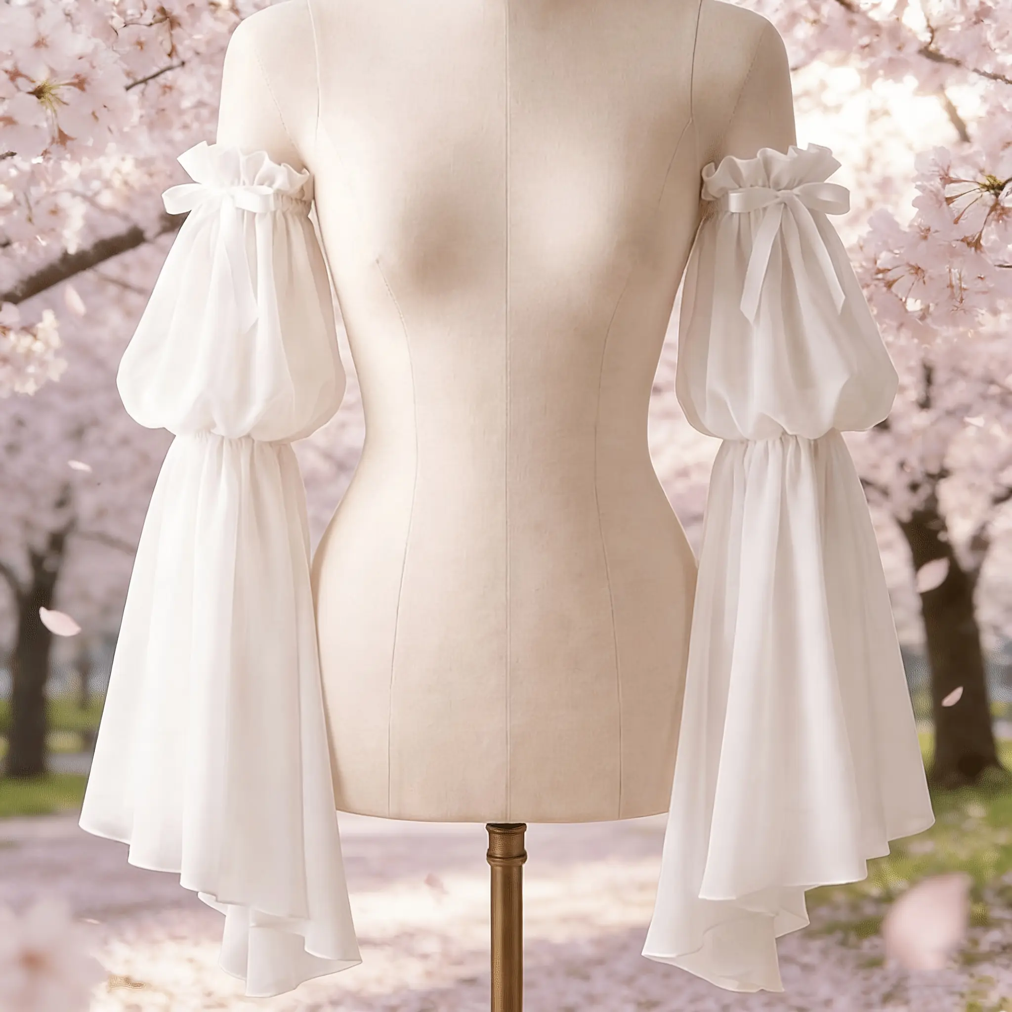 1 Pair Women'S White Chiffon Detachable Puff Sleeves, Bohemian Style Romantic Bow Ruffle Flared Sleeve Covers, Bridal Wedding Gown Prom Dress Accessory, Vintage Victorian Style Bridesmaid, Party, Role-Play Use Sleeves