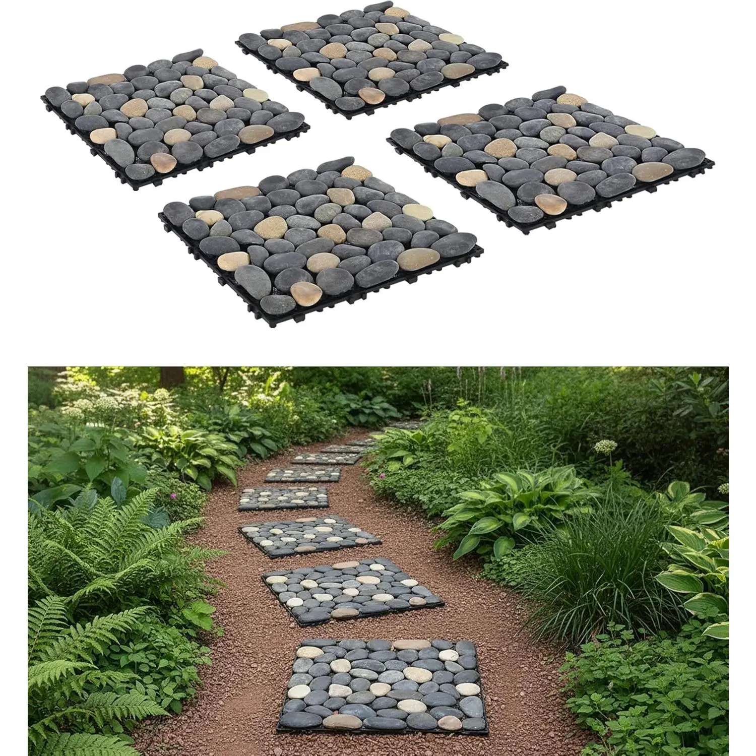 4-Count Interlocking Stepping Stones - 11.8" Square Garden Pavers, Outdoor Pebble River Stone Mat, Foot Massager, Manufacturer Warranty, for Yard Pathway, Party Decorations, Wedding Sites, Office Environments, Residential Entrances