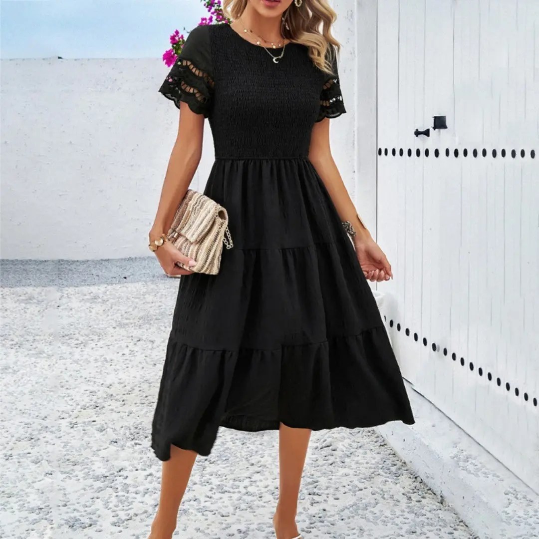 Fashion Shrinkled Solid Color Short Sleeve Dress Women's Versatile High Waist A-shaped Long Elegant Temperament # clothing flowy women dresses for summer cruise attire