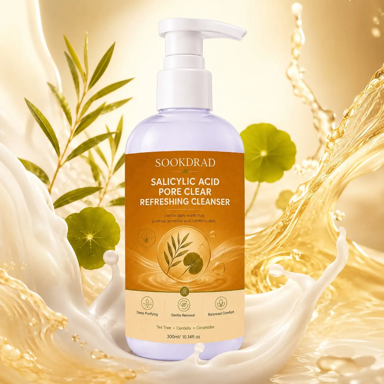 salicylic acid pore clear refreshing cleanser, tea tree, centella, ceramides, deep purifying, gentle renewal, balanced comfort, gentle daily wash, purifies, smooths, comforts skin, facial cleanser,