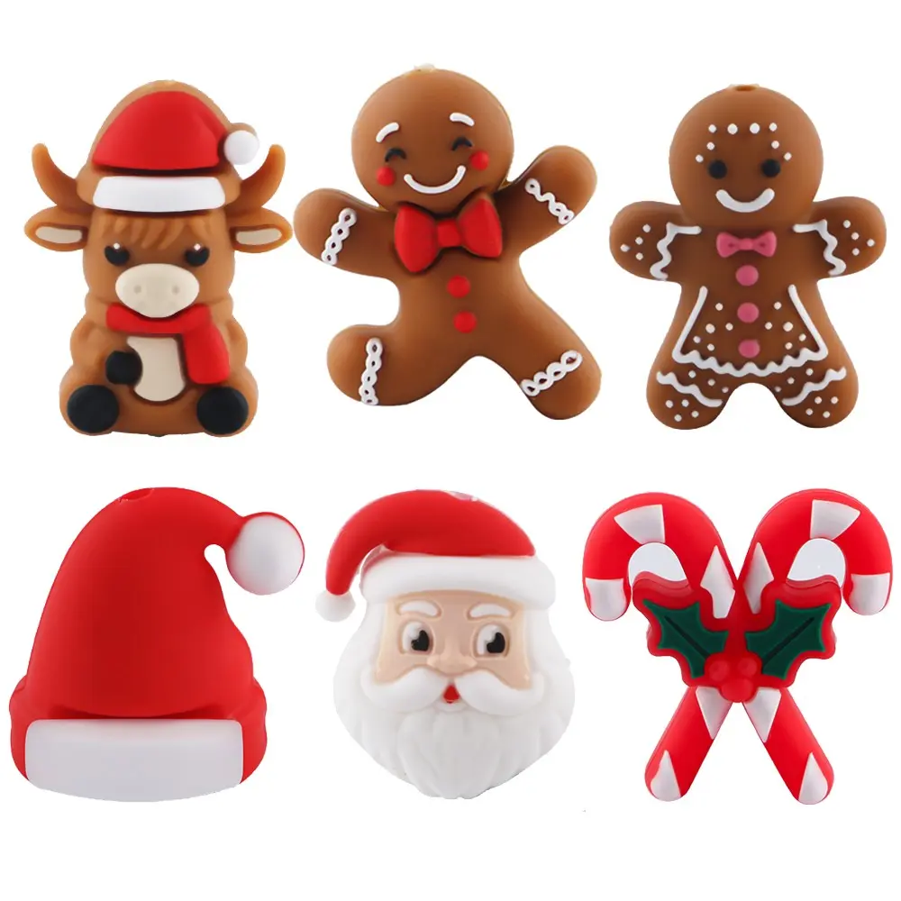 12pcs Christmas 3D Silicone Beads, Reindeer with Hat, Gingerbread Men, Santa Claus, Candy Cane, DIY Jewelry Making Accessories, DIY Beads Kit