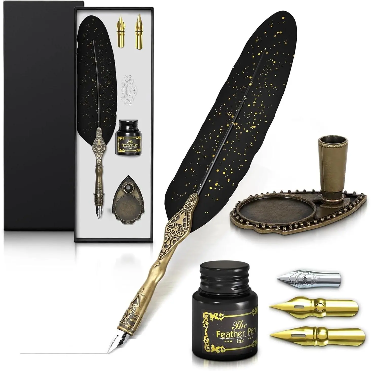 Vintage Feather Quill Pen and Ink Set with Stainless Steel Nib & Stand for Calligraphy Beginners Authors Writers Unique Gift & Vintage Decor for Home & Office