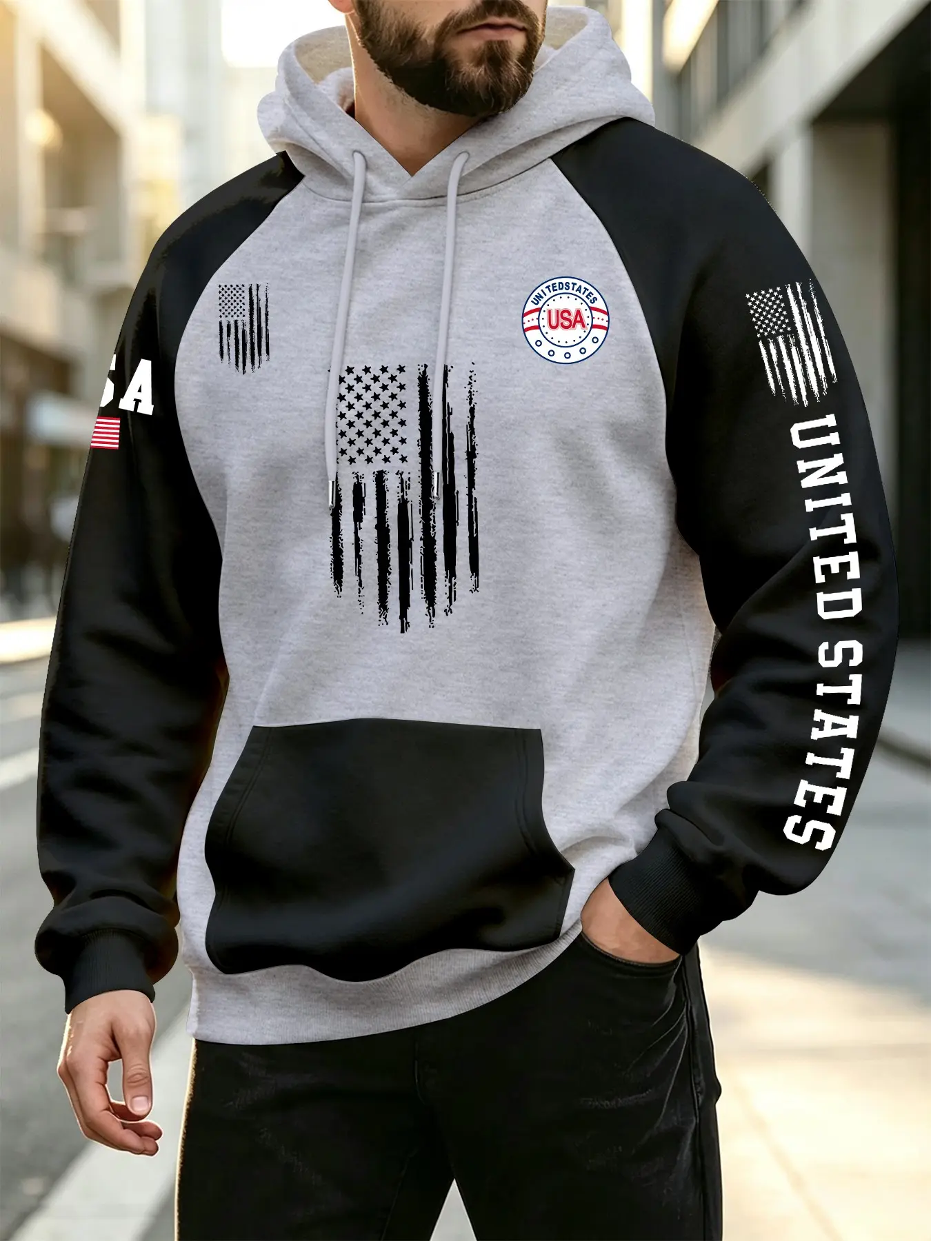 Us Independence Day Vintage Flag Hoodie, Multi-Color Patchwork Long Sleeve, Loose Fit Casual Sweatshirt, Men's Patriotic Warm Top