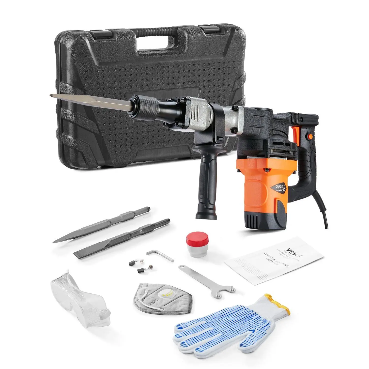 【DealsForYouDays】VEVOR Demolition Jack Hammer, 1400W Electric Jackhammer Heavy Duty, 2900 BPM Concrete Breaker, 2pcs Chisels Bits Chipping with Case, Gloves