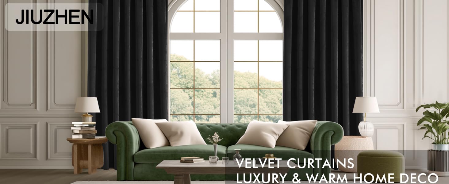 Blcak Velvet Curtains for Living Room - 96 Inches Long Thermal Insualted Room Darkening Window Blackout Drapes for Bedroom/Movie/Background, Set of 2 Panels with Tiebacks, 52 x 96 inches