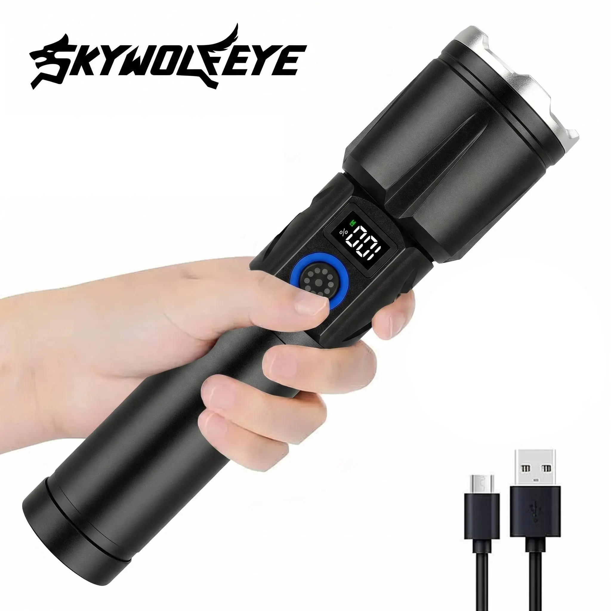 SKYWOLFEYE BJ890 Rechargeable LED Flashlight with Laser, High Lumen Tactical Flashlight Magnetic Work Light, Super Bright USB C EDC Pocket Flashlight Torch LCD Display, for Camping Essentials Outdoor Survival and Car Emergency Tool