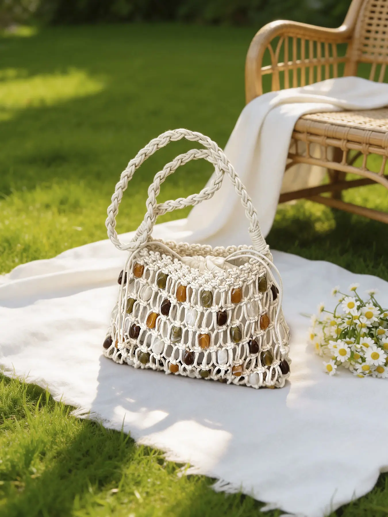Elegant and stylish Boho-inspired handcrafted woven and laced bag, suitable for daily outings, beach vacations, and casual strolls