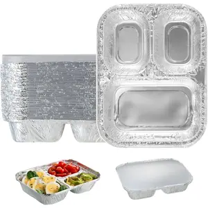 3 Compartment Aluminum Foil Takeout Trays with Paper Lids, 50 Pack Disposable Divided Meal Prep Containers for Full Meals, Portion Control & Takeout, 820ml / 28oz, 8” × 6” × 1.5”