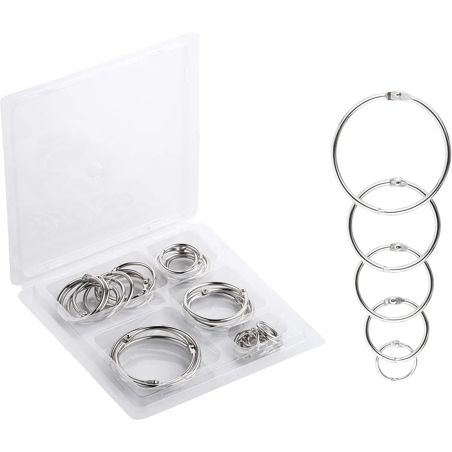 Loose Leaf Binder Rings, 36 Pack, 5 Assorted Sizes (0.6", 1", 1.2", 1.5", 2"), Silver Book Rings for Index Cards, Keychains, School, Home, Office