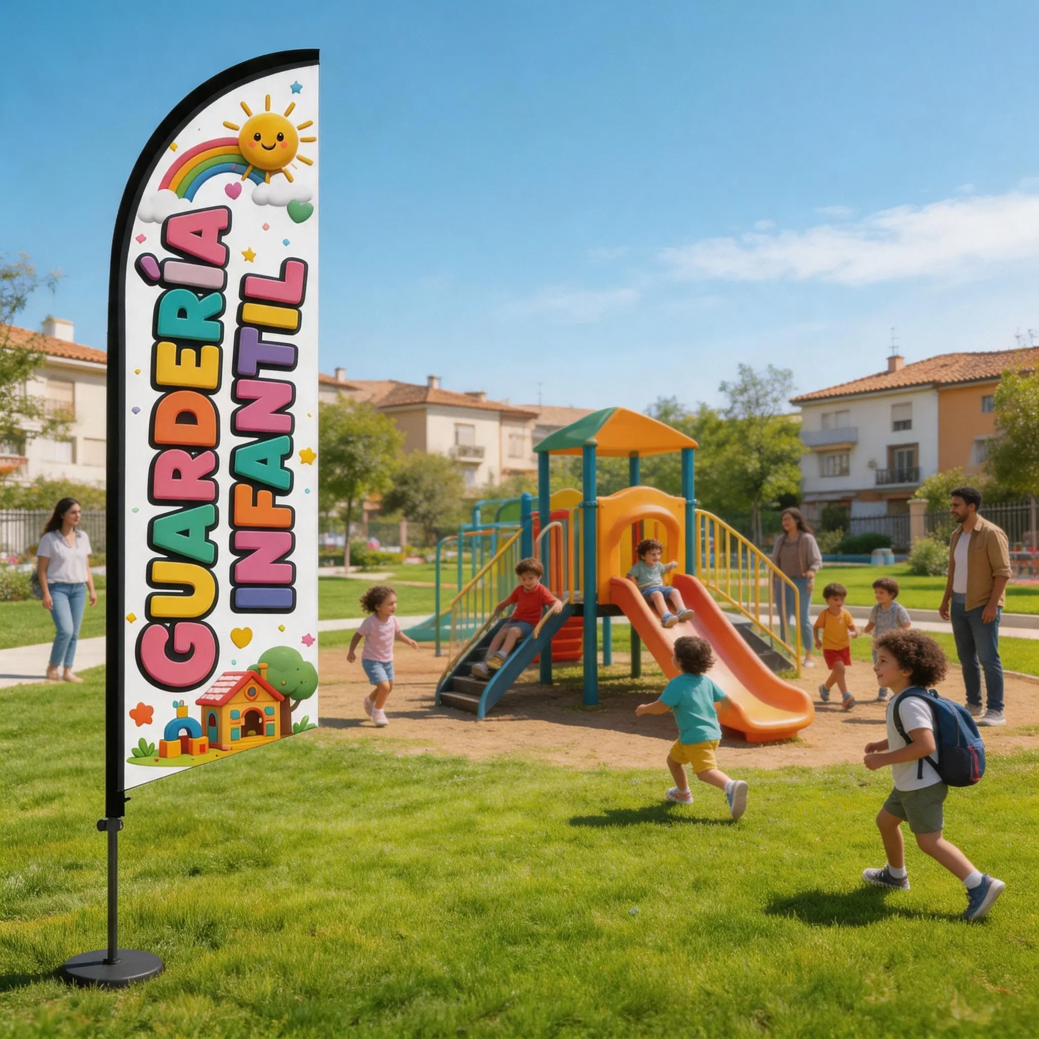 8.5 Ft Feather Flag for Daycare, Polyester Waterproof Sunscreen Banner, Wind-Resistant Single-Sided Print, Outdoor Promotion Tool