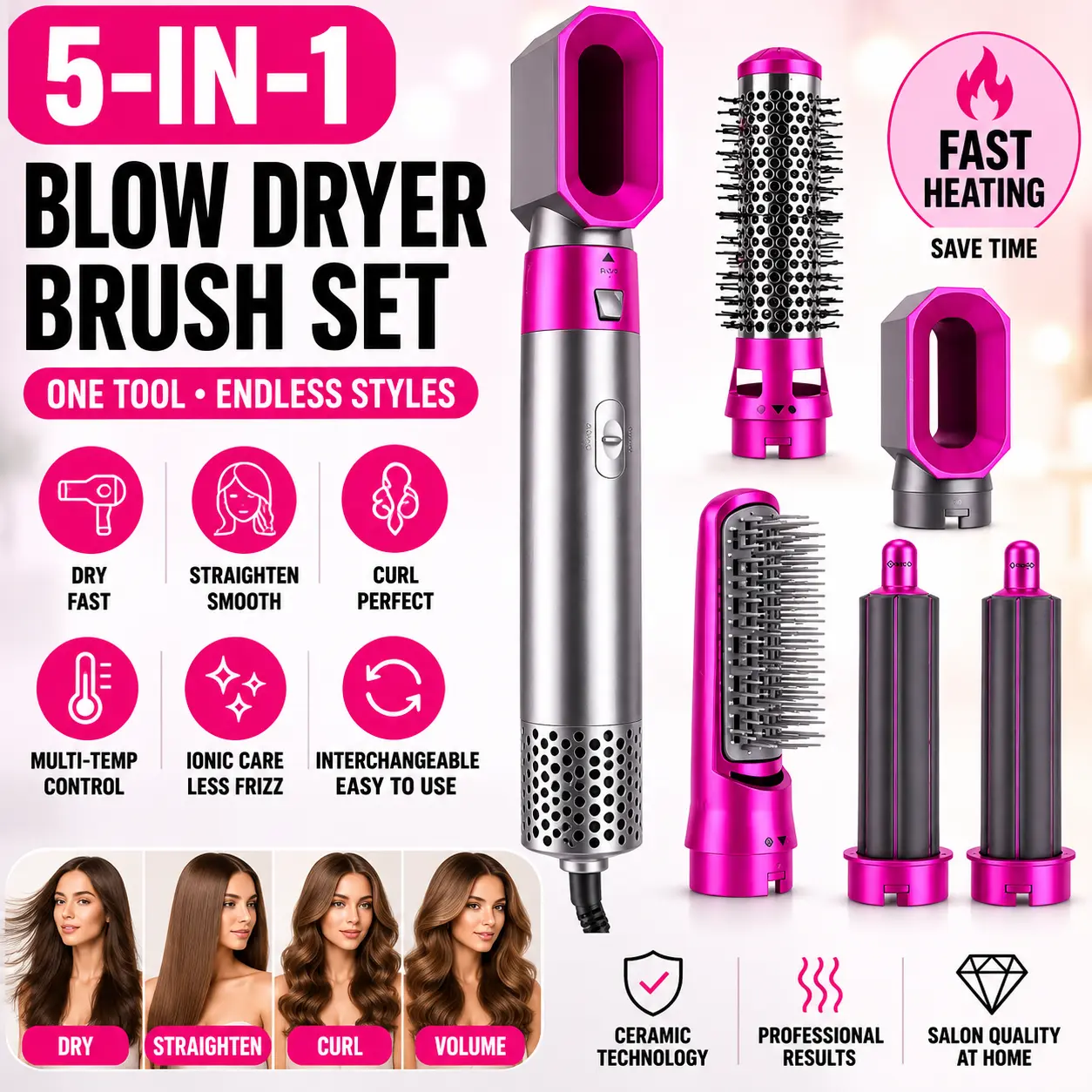 5-in-1 Professional Blow Dryer Brush Set, Interchangeable Ceramic Hot Air Styler, Fast-Heating Ionic Tool with Multi-Temperature Settings for Straightening, Volumizing & Frizz Control