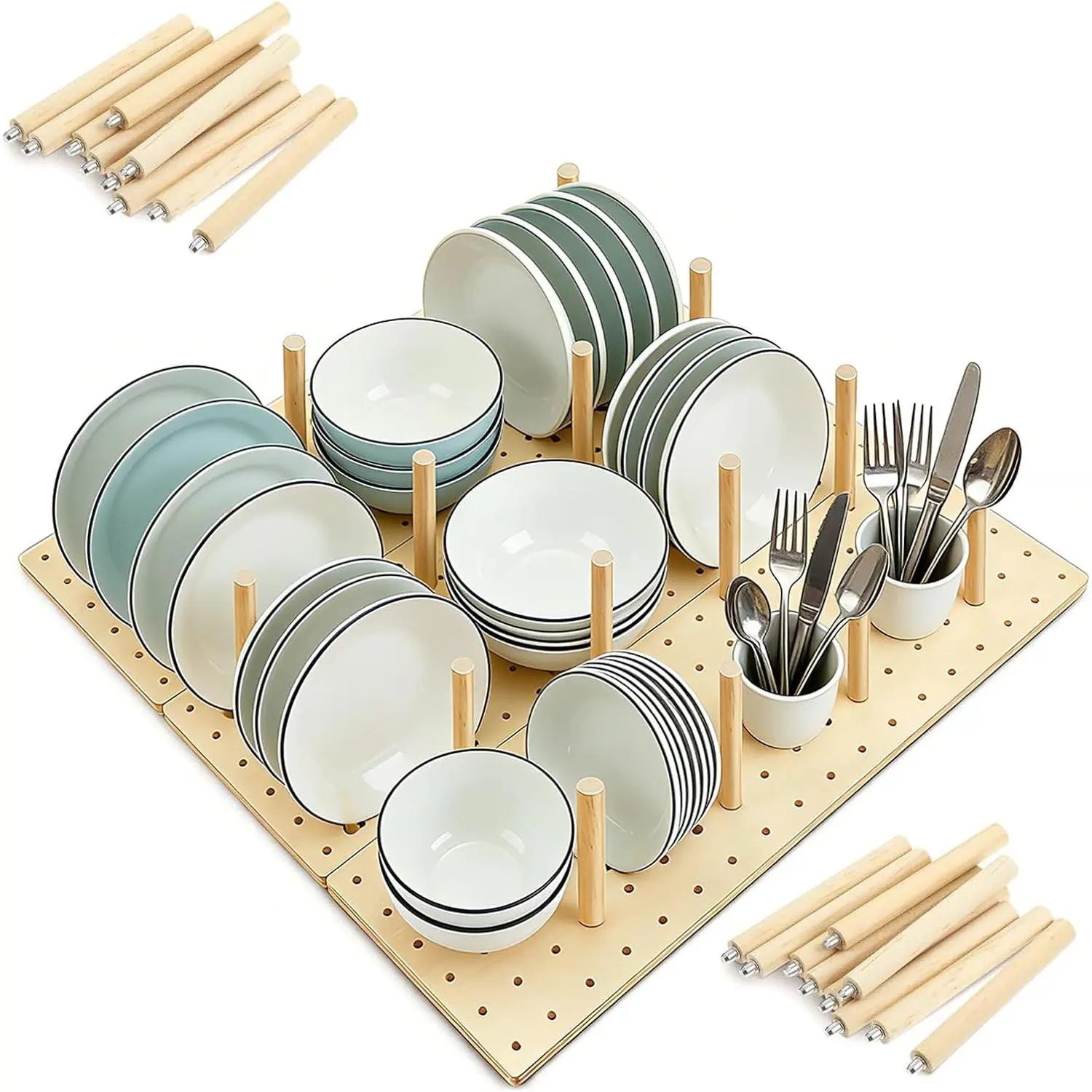 Wooden Pegboard Drawer Organizer for Kitchen - 3 Pack Adjustable Drawer Organizer with 24 Pegs Wooden, Drawer Organizer Kitchen Utensils,  Drawer Organizers for Kitchen Countertops & Deep Drawe